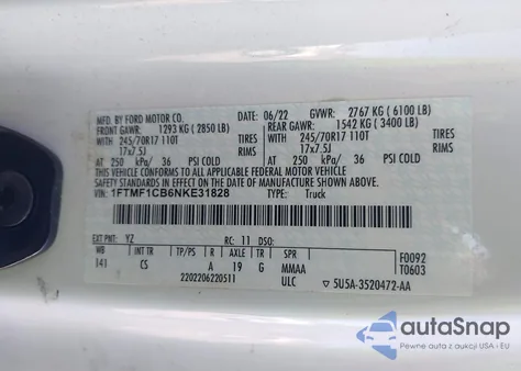 2022 Ford F-150 Xl z USA, uszkodzony, nr VIN 1FTMF1CB6NKE31828